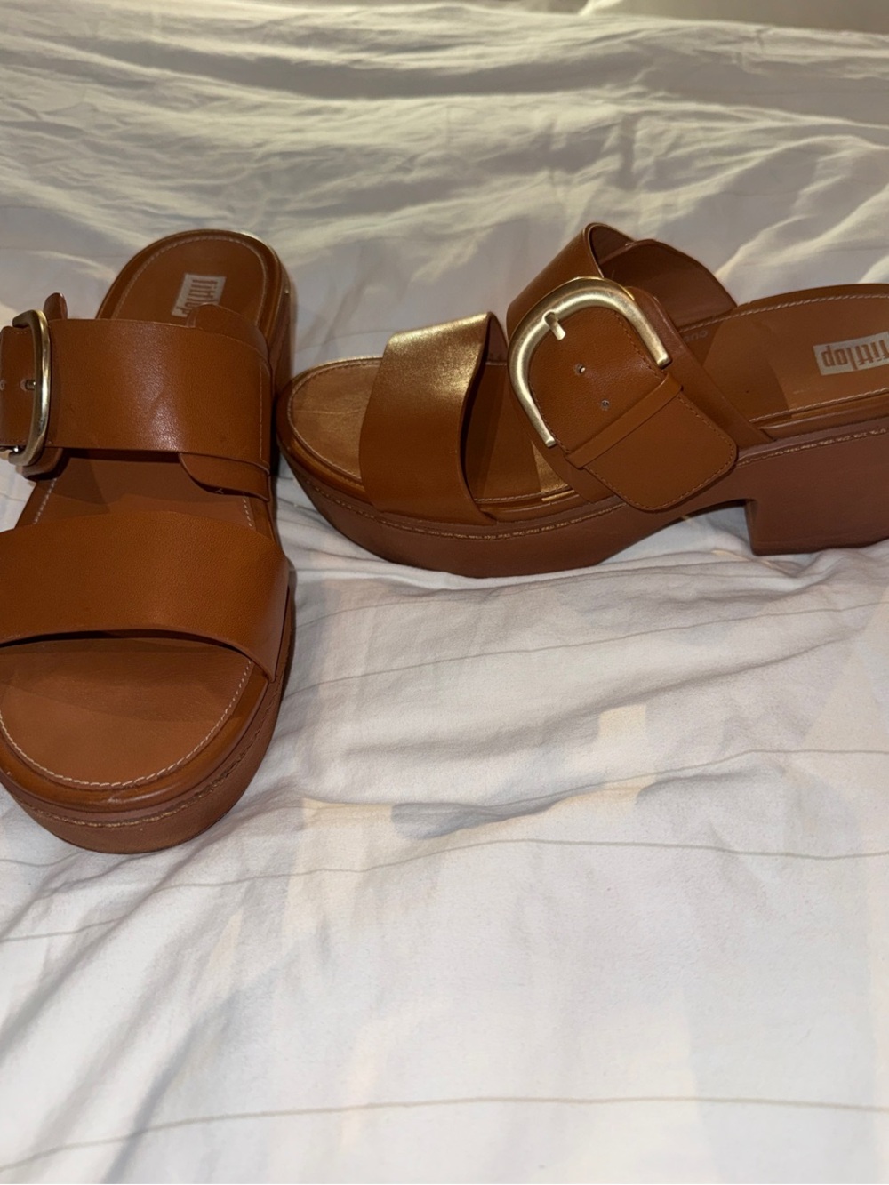 Fitflop Brown Platform Slide Sandals with Gold Buckle